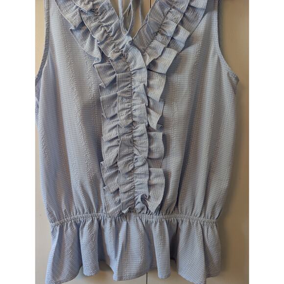 Doe & Rae Blue Ruffle V Neck Top - Picture 3 of 13